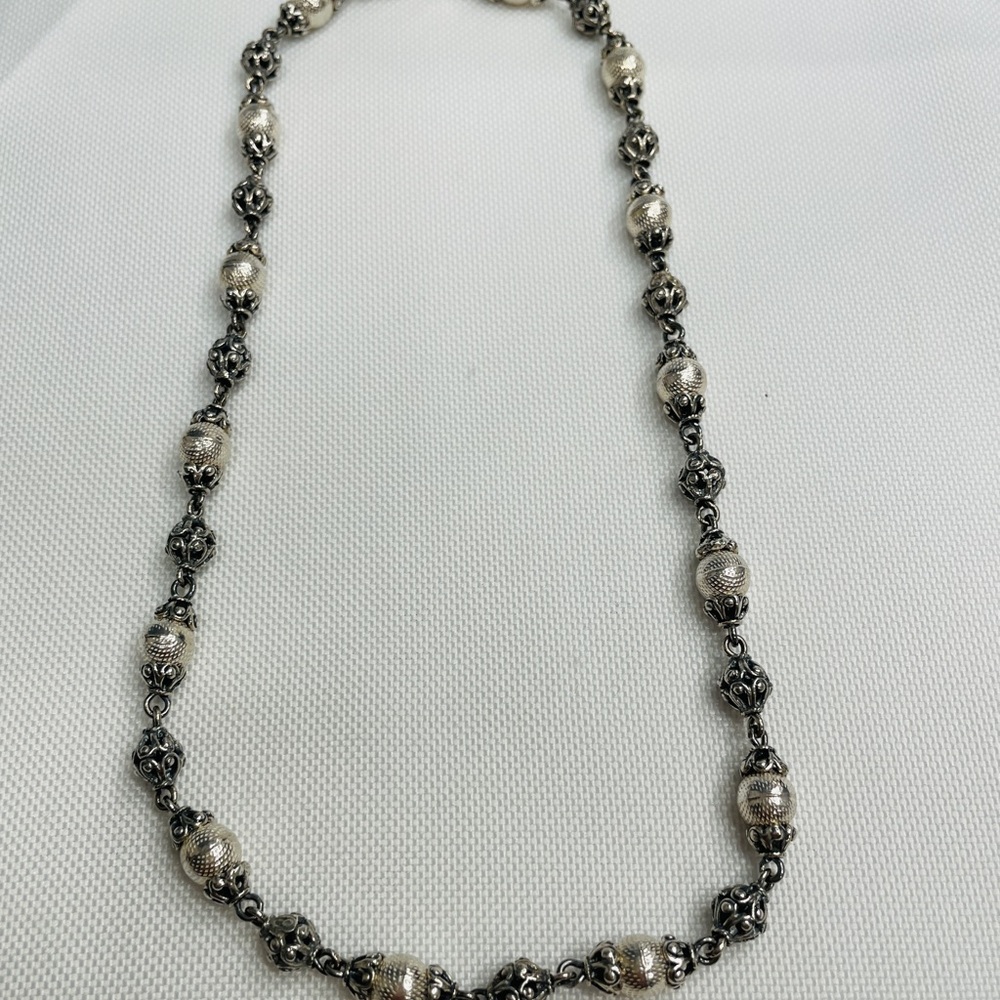 Vintage STERLING SILVER BALL & Round PIERCED SCROLL BEAD NECKLACE 16”